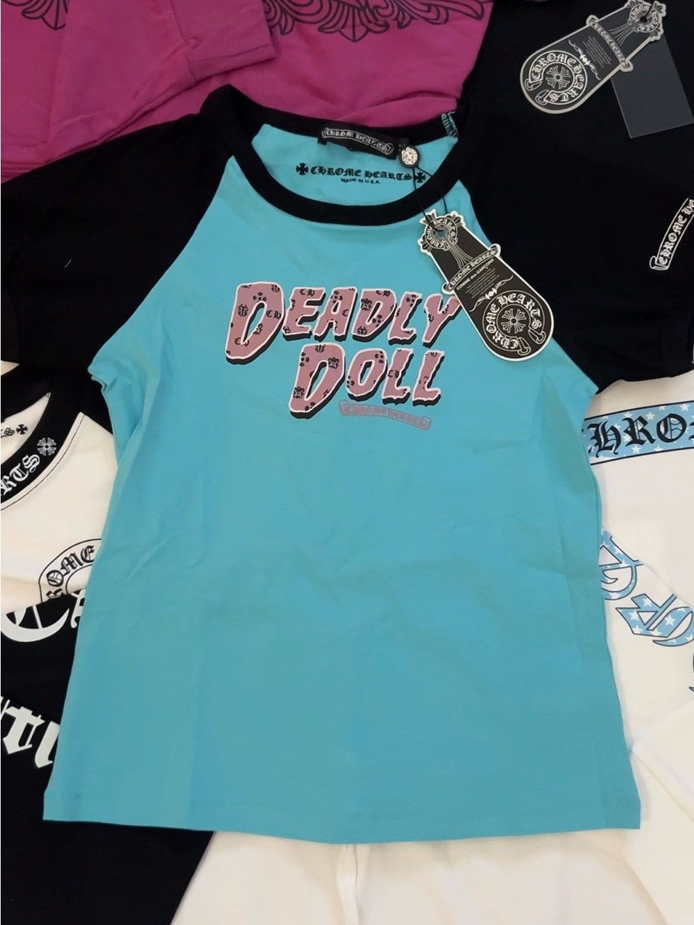 Chrome Hearts Blue Tee with Black Raglan and Pink 'Deadly Doll' Graphic